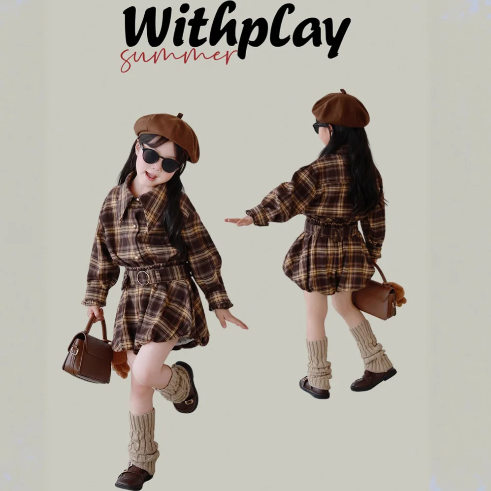 Wearing A Plaid Shirt Dress in Autumn, Children's 2025 New High-end Style Spicy Girl Waist Cinching Shirt Short Skirt Set