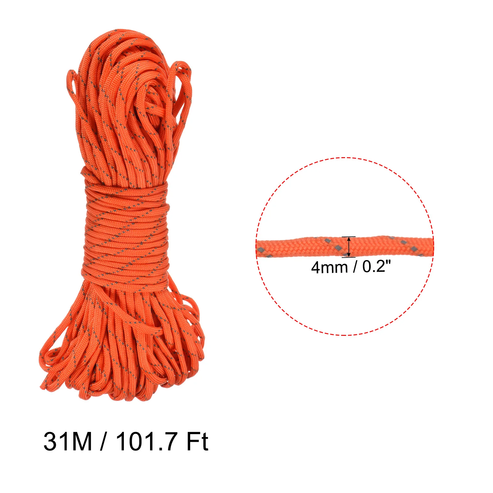 Tent Rope 101.7 Feet 4mm Reflective Guyline 7 Strand Cord Nylon Guy Rope for Outdoor Camping Hiking, Orange Red