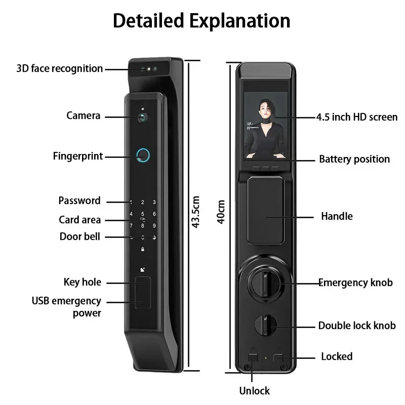 Fingerprint Digital Smart Home Door Lock With Camera 3D Face Recognition Real Time Intercom Keyless Smart Lock