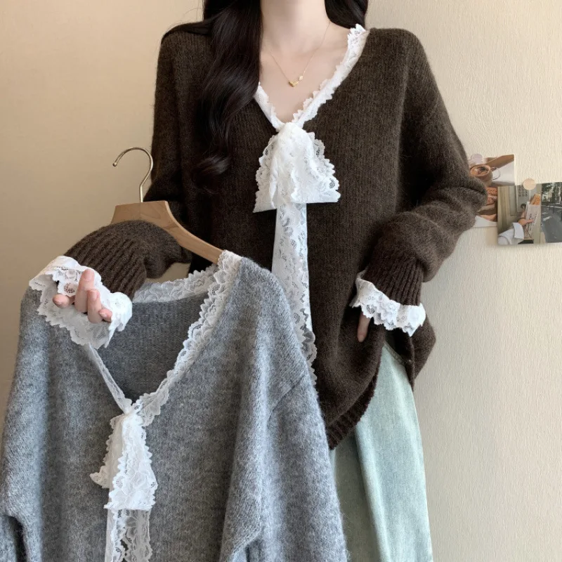 

Lady Pullover Lace Bow Sweater Women Spring Autumn Loose Elegant Sweet V-Neck Knitted Pullover Solid Pretty Style Fashion Casual