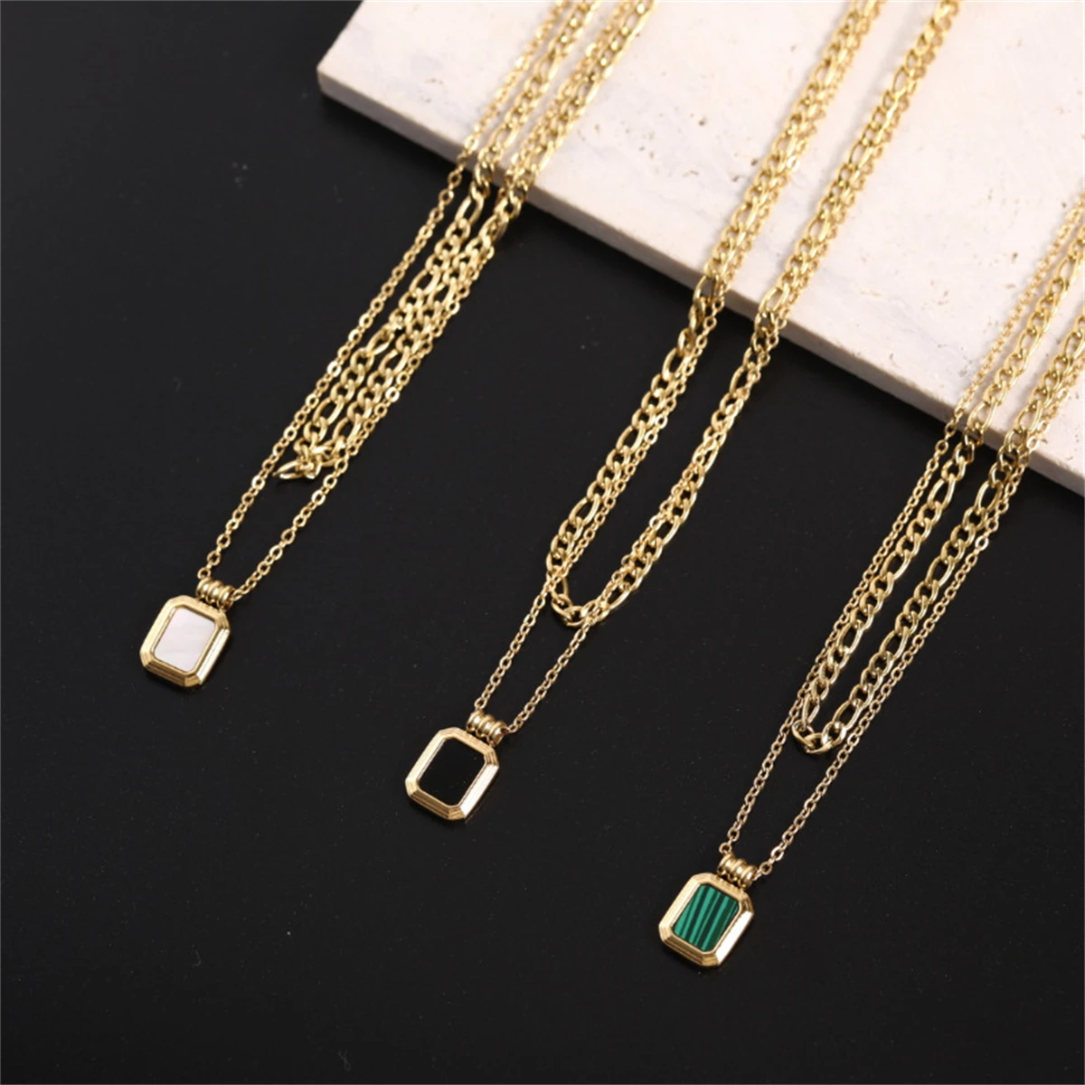 

Stainless steel European and American double layered turquoise necklace with square Fritillaria pendant for color preservation