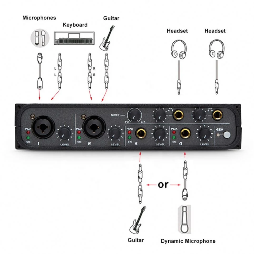 New Design 4 Channels Audio Interface Sound Card Studio Recording For Live Broadcasting