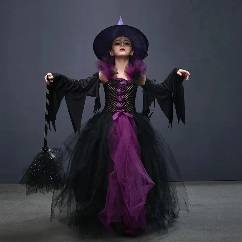 Disguise Girls Hocus Pocus Salem Witch Sisters Costume Kids Halloween Fancy Gown Tutu Dress With Cape For Cosplay Party Outfit