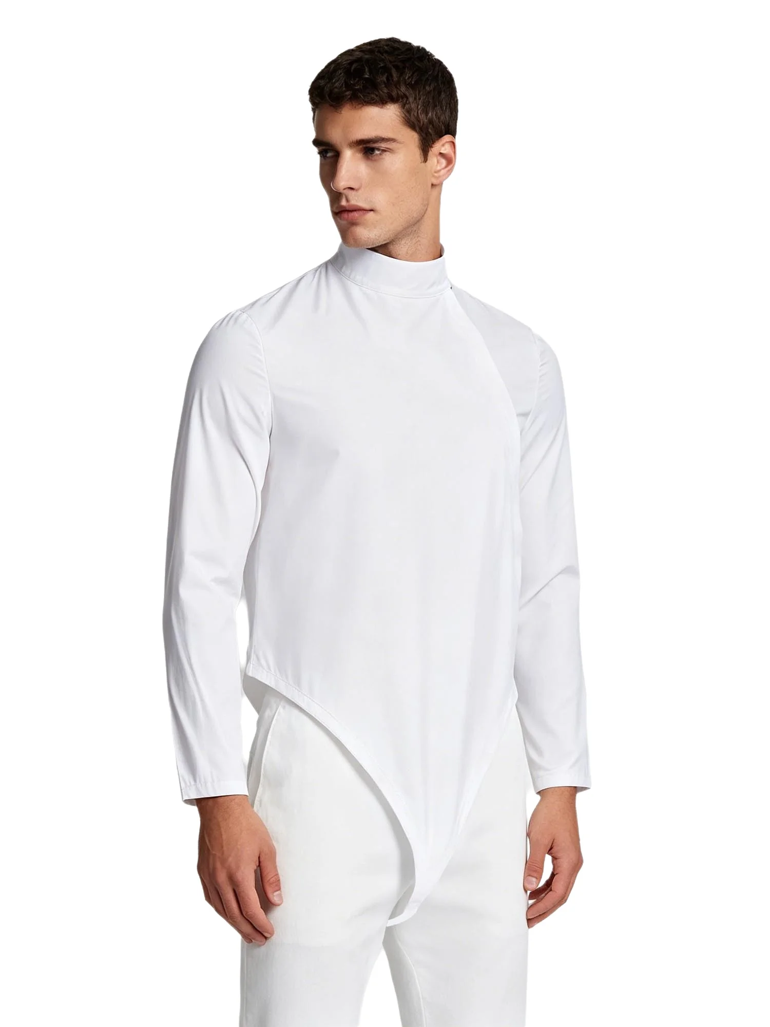 Men Fencing Bodysuit Mock Neck Long Sleeve Side Front Zipper Buckle Crotch Stretchy for Competition Training Performance