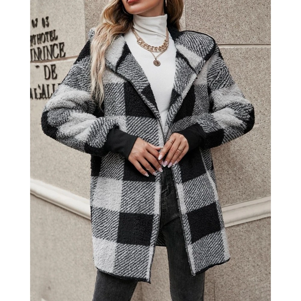 

Autumn Women Plaid Print Fluffy Hooded Loose Longline Coat Shacket Femme Long Sleeve Coat Elegant Casual Outfits