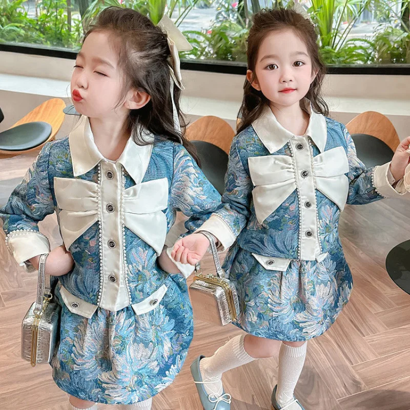 Girls Spring and Autumn Full Print Floral Small Fragrance Style Set 2026 Baby Girl Temperament Short Skirt Two-piece Set 3