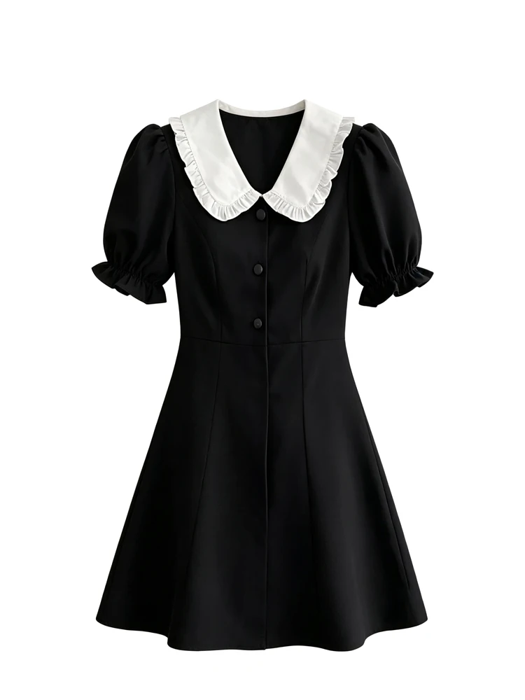 Summer Elegant plus Size Dress with Puffy Sleeves And Doll Collar for Women Cotton Short Sleeve V-Neck Gored Skirt Casual Wear