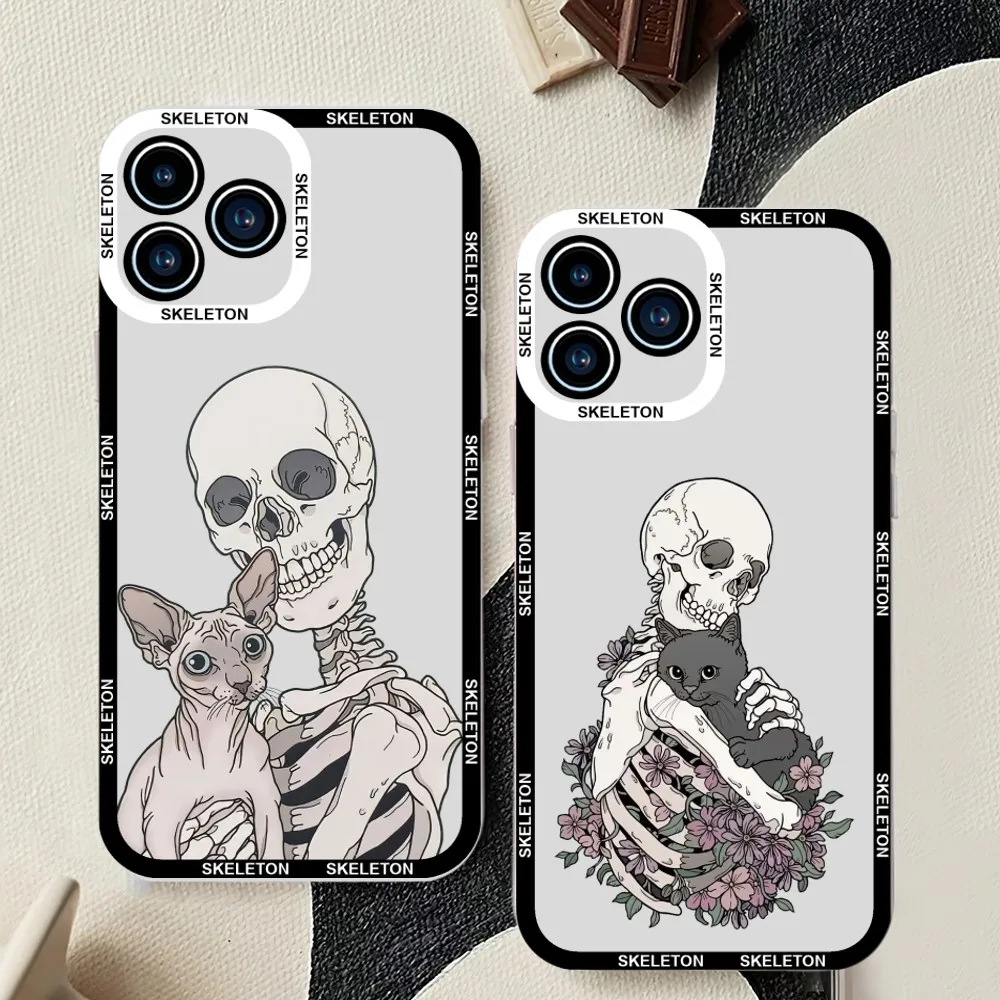 Skeleton Cat Painted Phone Case For iPhone 11 12 Mini 13 14 Pro Max Transparent Shell