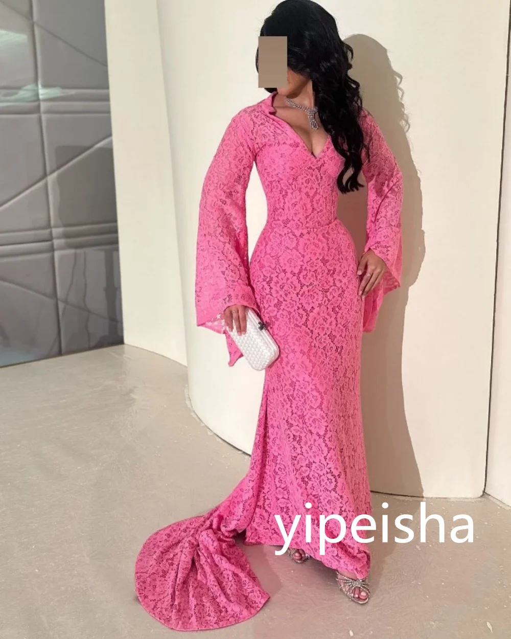 Customized Mermaid Lace Prom Gowns V-neck Sweep Train Evening Dresses Side Slit Long Sleeve Party Dresses فساتين سهرة