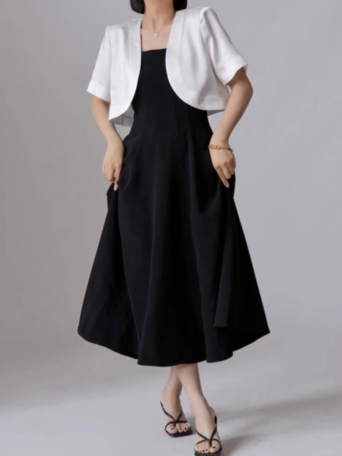 Shoulder Padless Short Sleeve Lapelless Summer Coat with Dress Strap Outerwear Cardigan Stylish Commute Fit Splice Design