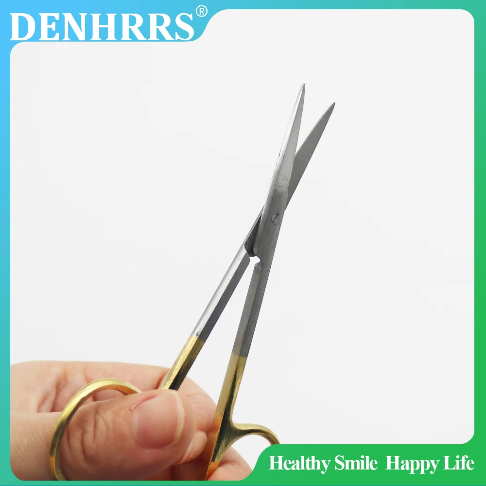 

1 шт., стоматологические хирургические ножницы из нержавеющей стали, прямой/изогнутый наконечник, позолоченная ручка, стоматологические инструменты, стоматологический лабораторный инструмент