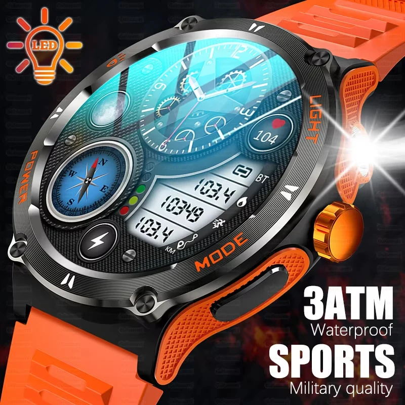 

Men Women Outdoor Sports Smart Watch Compass 3ATM Waterproof Strong Flashlight Clock SOS Wristwatch 500mAh BT Call Smartwatch