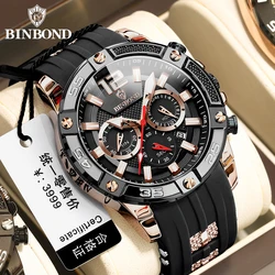 BINBOND Men's Chronograph Analog Quartz Watch with Date, Luminous Hands, Waterproof Silicone Rubber Strap Wristswatch for Man