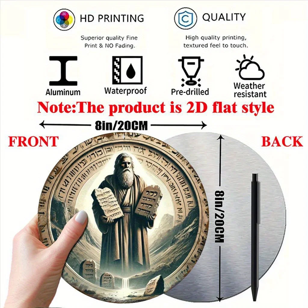 2D Metal Sign 8x8 Inch Round Aluminum Wall Art Bible Theme Moses Ten Commandments Ancient Scroll Style for Home Kitchen Studio C