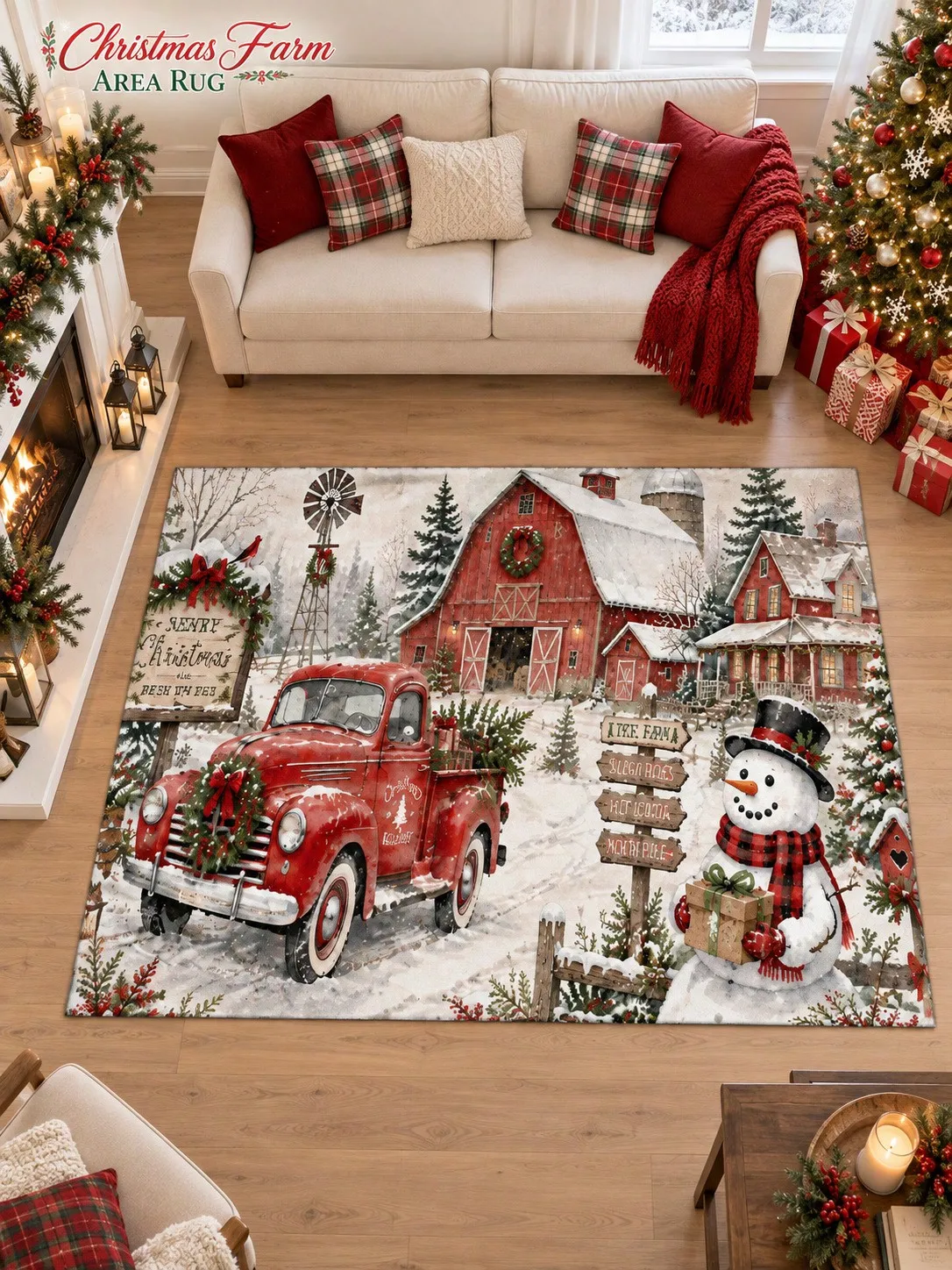 Christmas Rug Truck Barn Snowman Trees Floor Decor Carpet Living Room Bedroom Dining Area Entryway Apartment Cottage Winter Home Styling Beside Sofa Coffee Table Housewarming Birthday Gift for Parents Friends Neighbors Sisters Holiday Celebrations