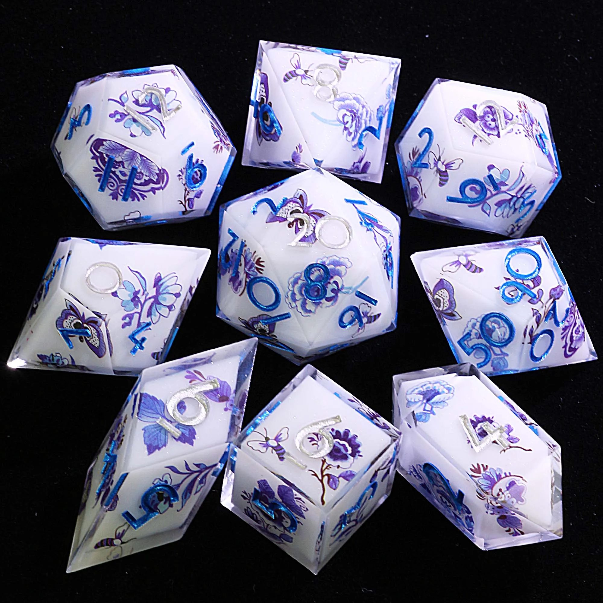 9 Polyhedral Resin Sets of DD Dice Blue Willow Mirage