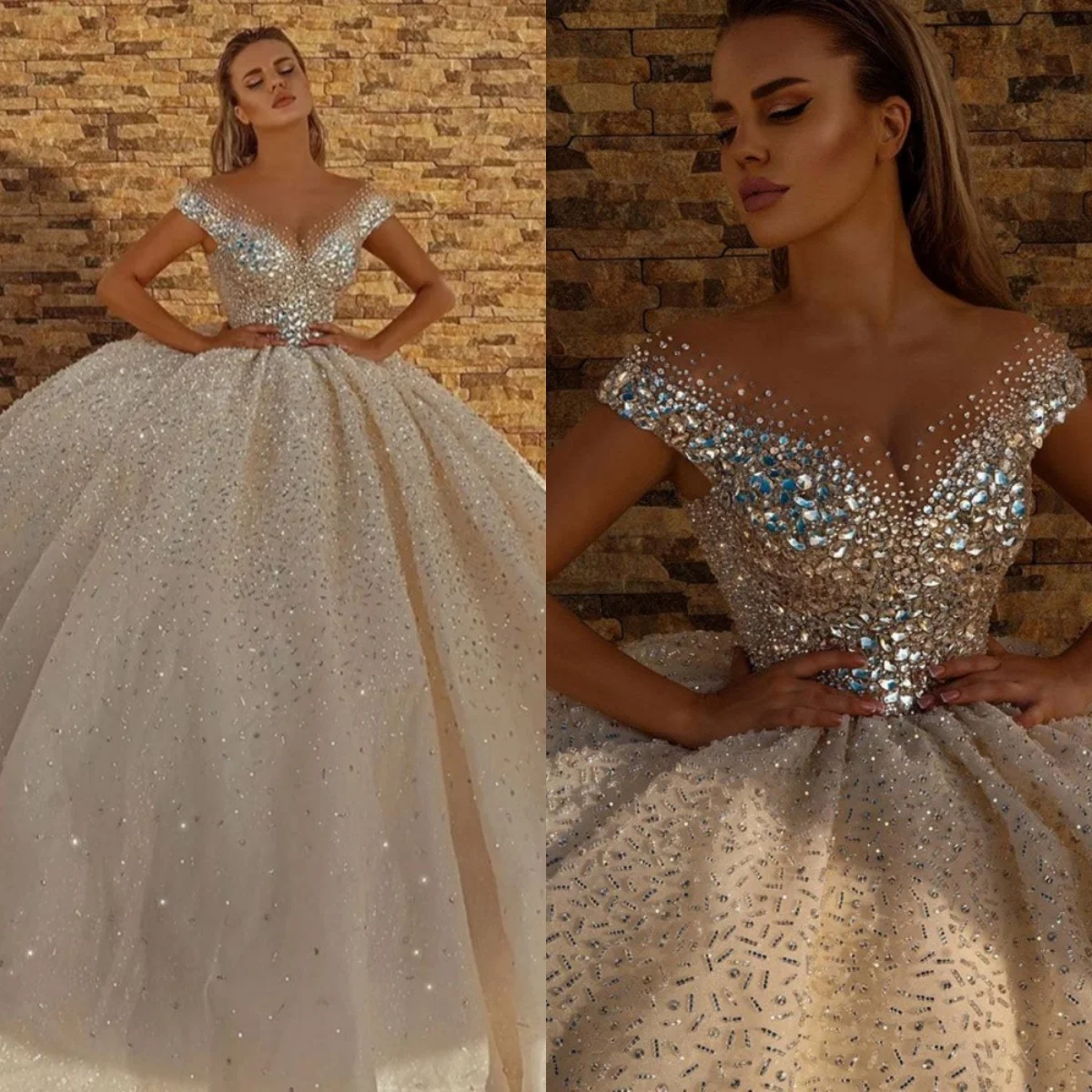 

Custom Luxury Champagne Sheer Neck Ball Gown Wedding Dress 2026 Elegant Beaded Bridal Gown Plus Size Vestido De Novia