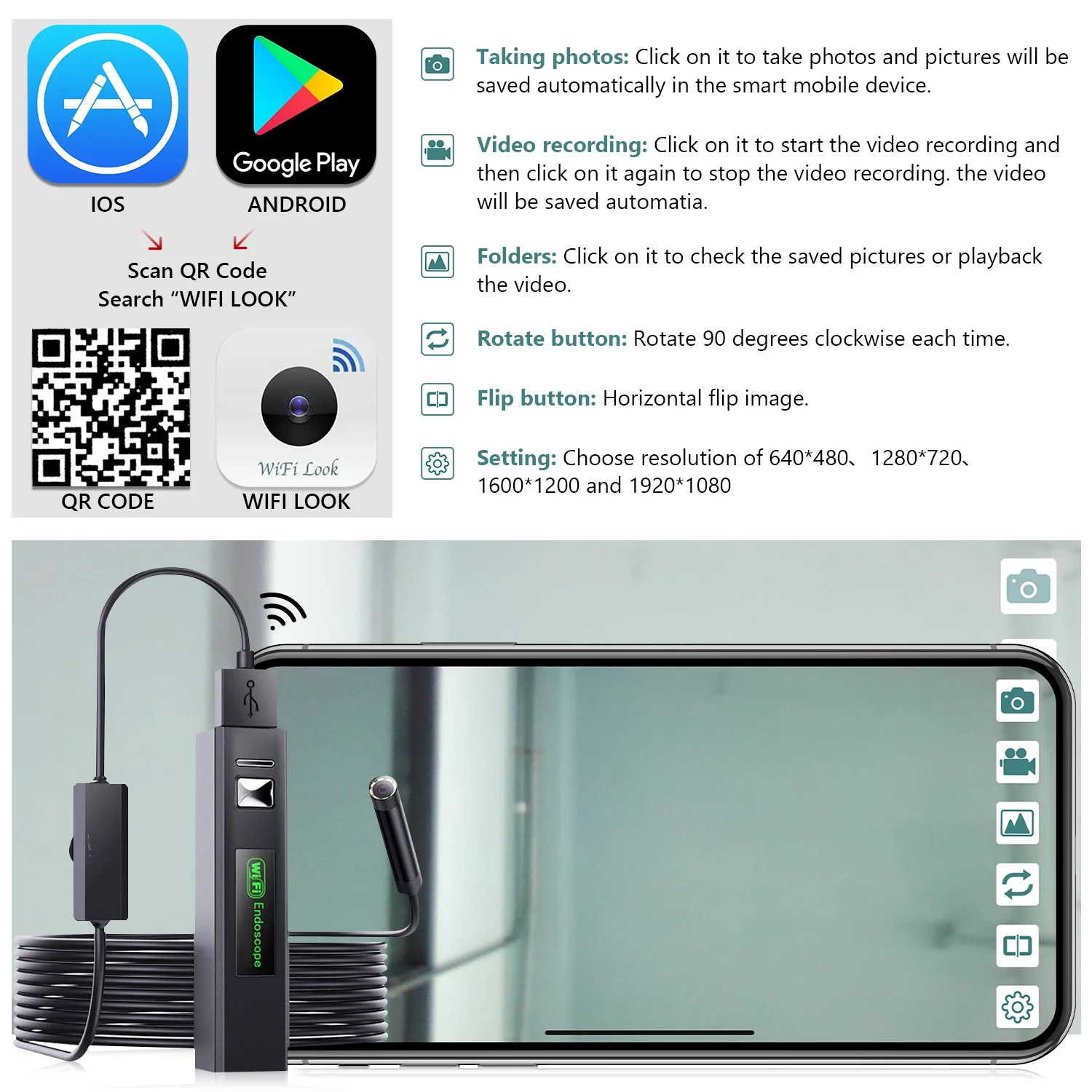 Wireless Endoscope,WiFi Borescope Inspection Camera 1200P HD IP68 Waterproof Snake Camera Compatible for Android iOS Tablet