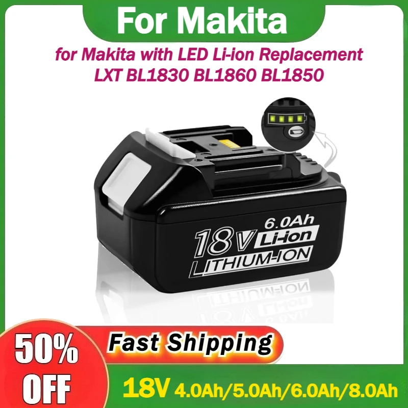 

Аккумулятор 8000 мАч для Makita, 18В, для электроинструментов Makita, с LED-индикатором, литий-ионный, замена LXT BL1830 BL1860 BL1850
