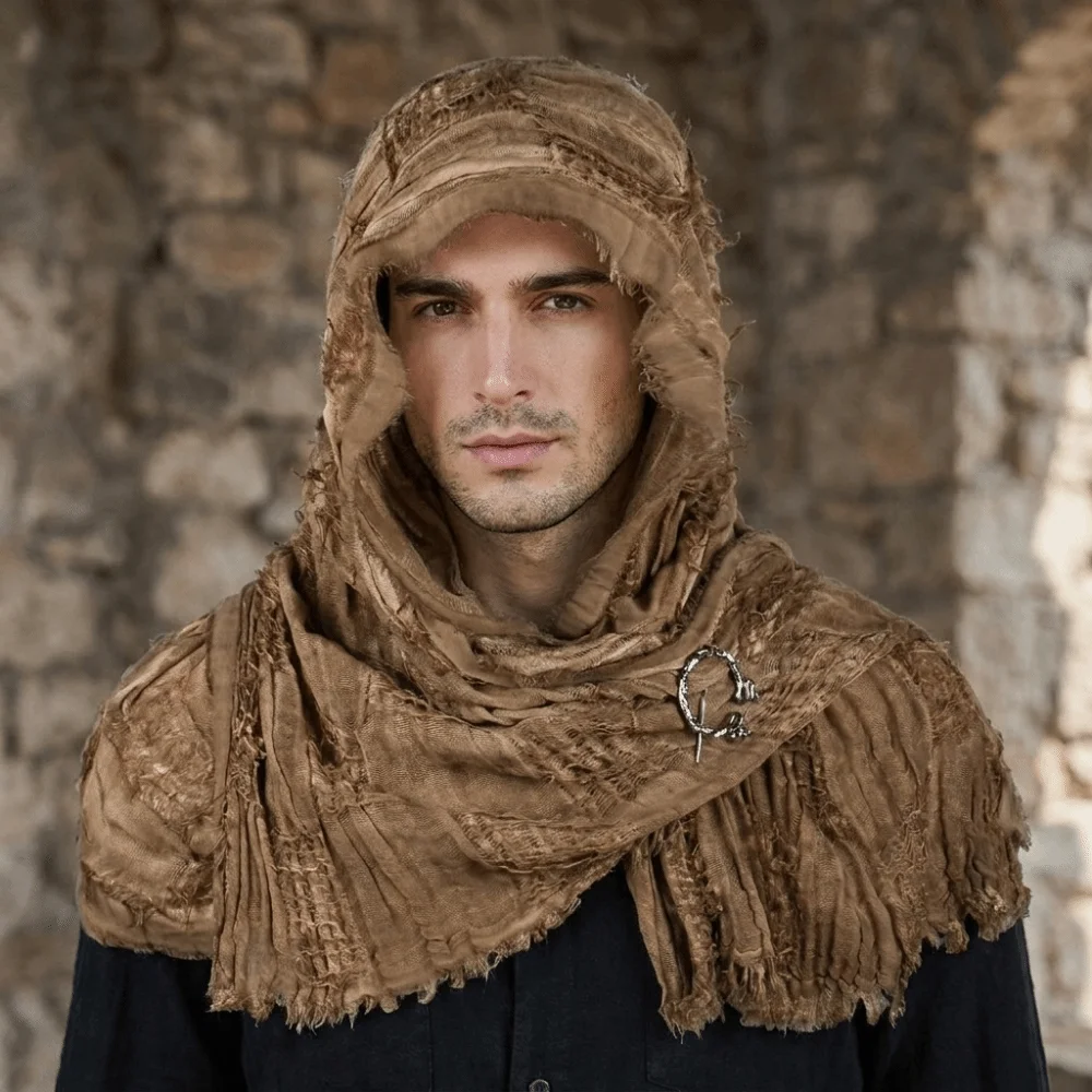 Gothic Distressed Hooded Scarf Metal Brooch Long Halloween Viking Cosplay Wrap Polyester Adjustable Medieval Shawl Cosplay Event