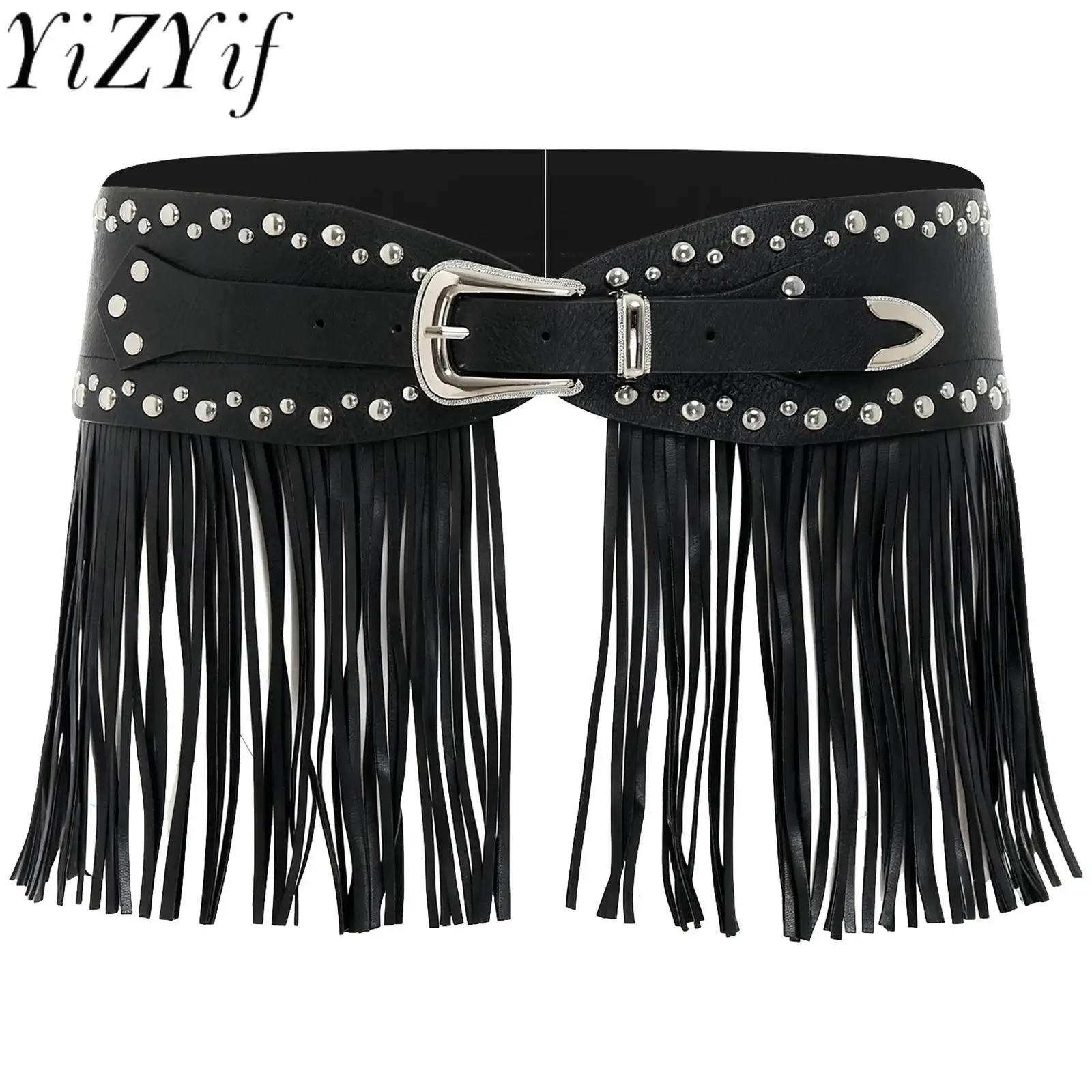 

Women Gothic Steam Punk Stylish Skirts Rivets Tassel Fringe Adjustable Wide Belt Skirts for Halloween Warrior Cosplay Accessory