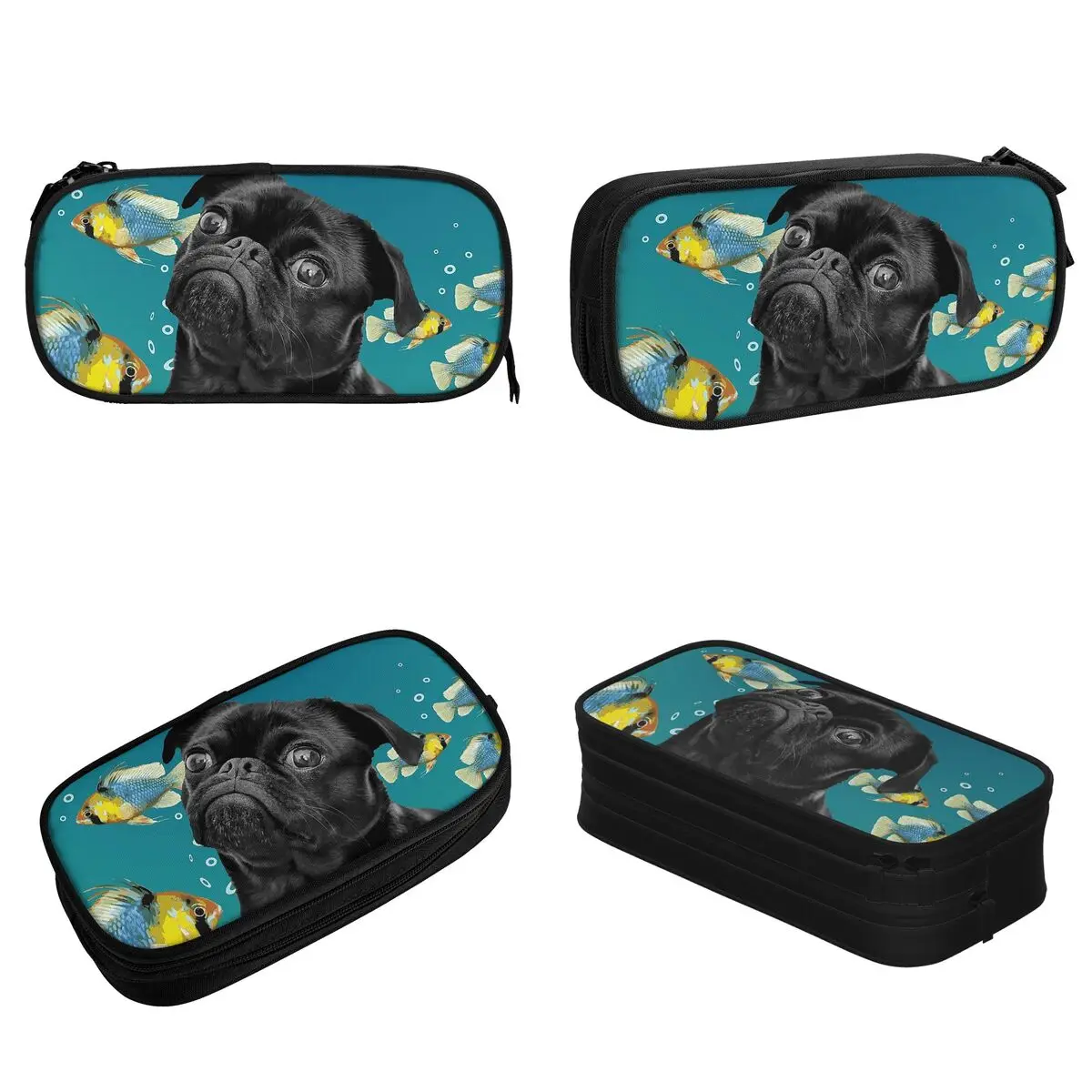 Pug preto com peixes tropicais lápis casos moda caneta titular saco meninas meninos grande capacidade estudantes escola cosméticos pencilcases