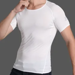 Summer Men Ice Silk Shirt Short Sleeves Seamless Round Neck Top Bodybuilding Thin T-shirt Elastic Breathable Undershirt Pullover