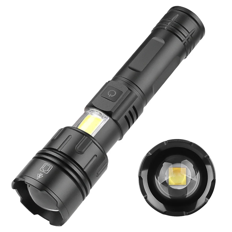 Imagem -02 - Poderosa Usb Lanterna Led Recarregável Xhp70 Tocha com Luz Lateral Lanterna de Acampamento e Pesca Lâmpada Zoom Modos 18650 26650 1000w