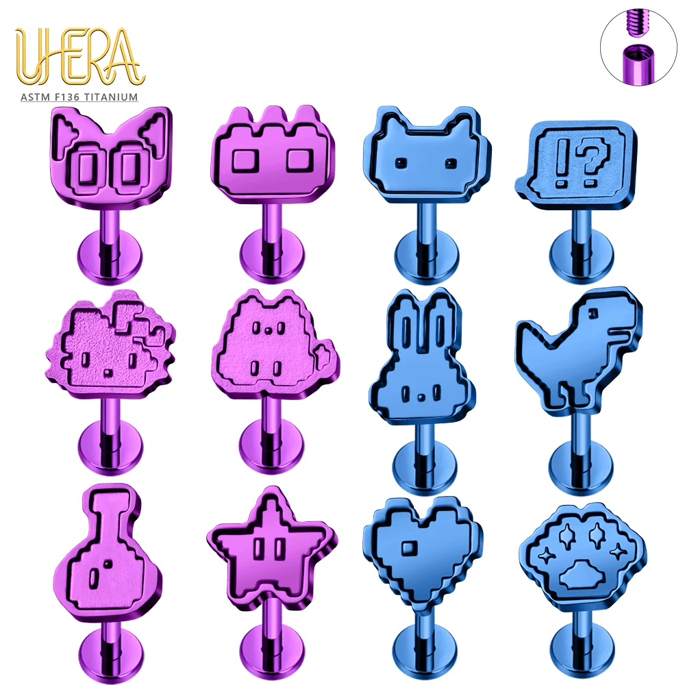 ASTM F136 G23 Titanium Pixel Cartoon Labret Stud Internal Thread Anodized Tragus Helix Cartilage Ear Lip Body Piercing Jewelry