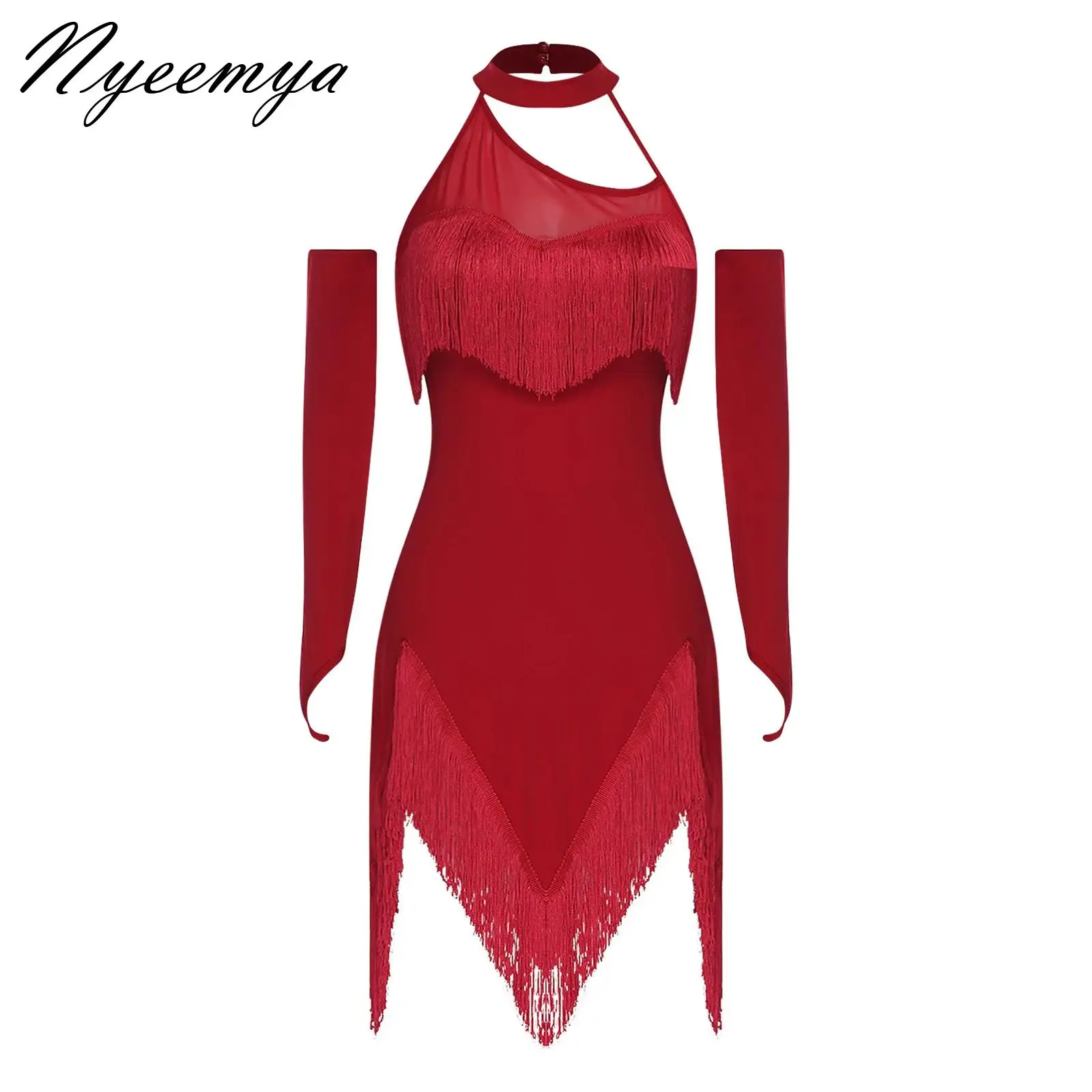 

Women Tassel Latin Dance Dress Halter Sleeveless Irregular Fringed Hem Jazz Tango Cha-Cha Dancing Outfits with Gloves and Shorts