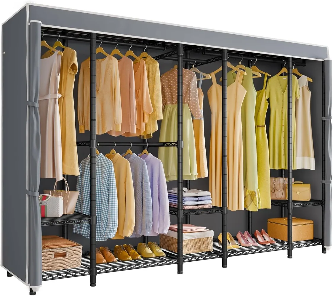 Extra Large Coverd Clothes Rack, Black Portable Closet Rack with Grey Cover, Multi-Functional Freestanding Wardrobe Closet