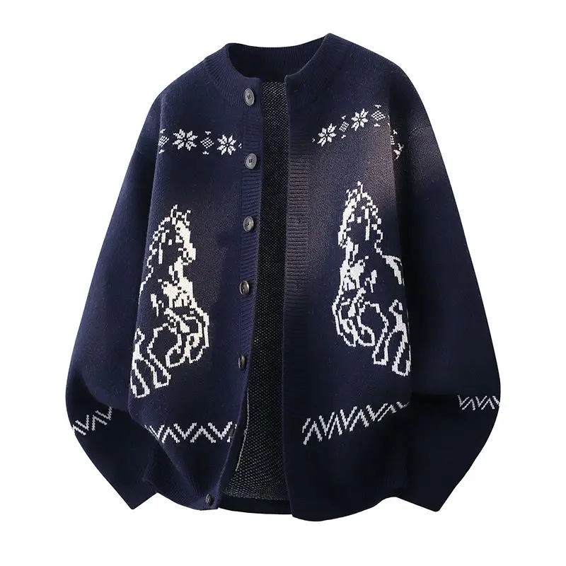 

Мужской вязаный свитер в американском ретро-стиле с воротником, повседневный, осенне-зимний, новинка, высококачественный кардиган свободного кроя