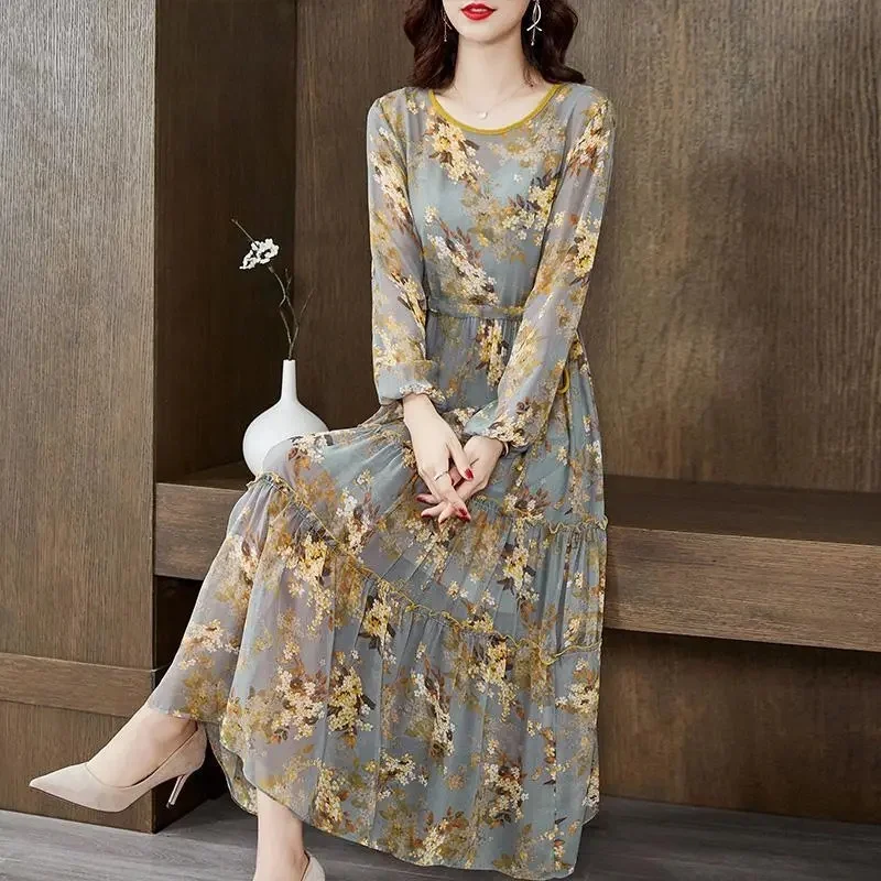 Silk-like Dress Women's Spring and Summer 2024 New Five-Point Sleeve Fashion Temperament Printing Long Skirt Loose Western Style