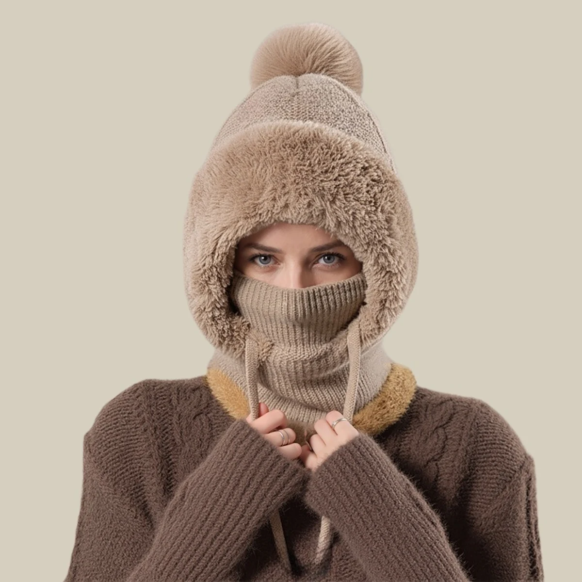Thermal Fleece Knit Beanie with Ear Cover All-in-One Windproof Hood Neck Warmer Bicycle Rider Balaclava Motorcycle Cycling Mask