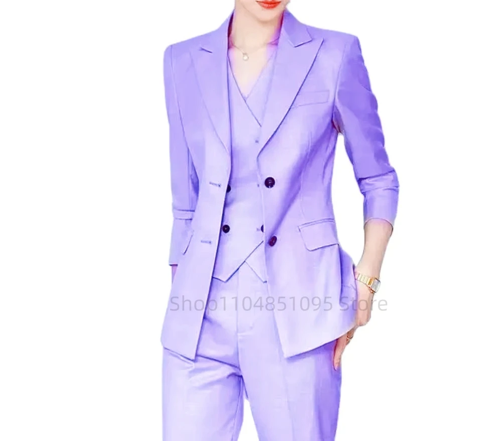 

Elegant Purple Women's Suit Jacket Vest Pants Autumn New Style Hostess Sound Art Examination Workwear High Waist Long Pants Set