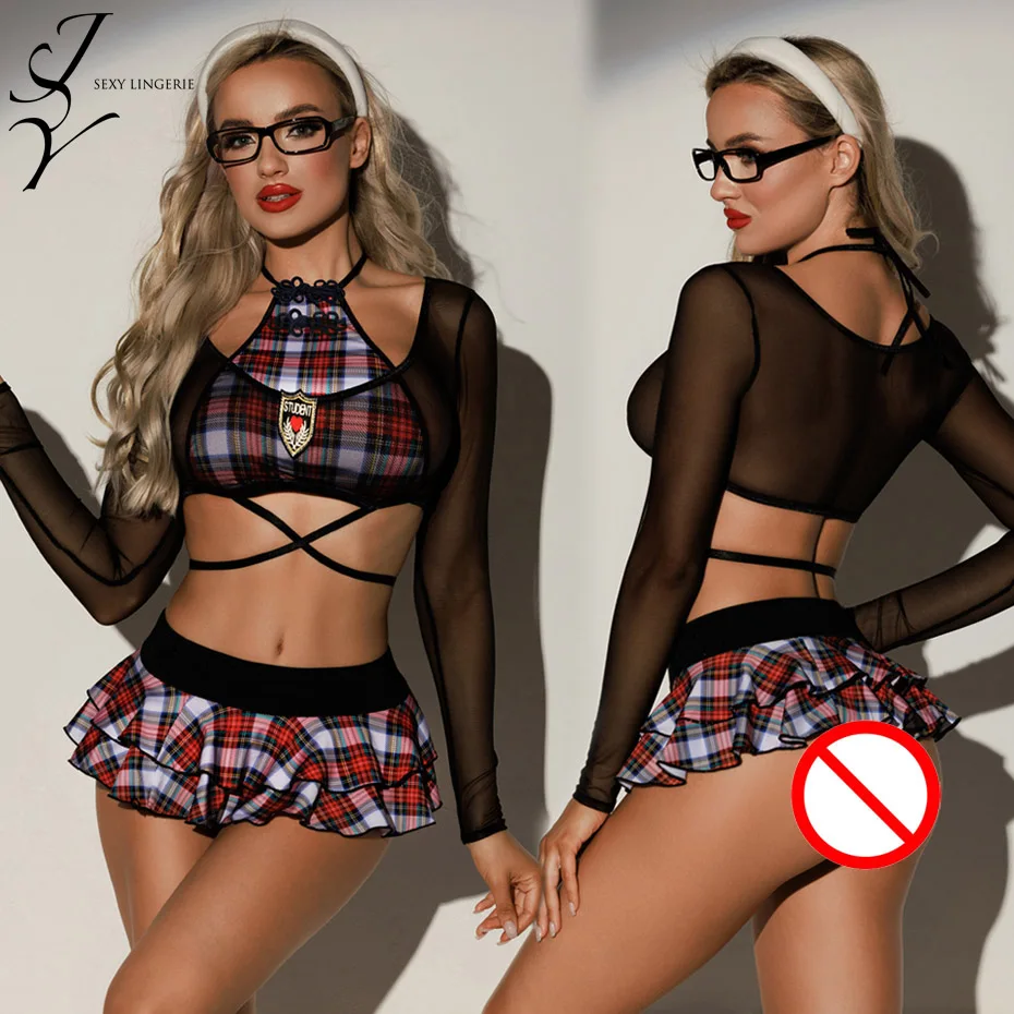 

JSY Sexy School Girl Cosplay Lingerie Women Underwear Set Halter Top And Skirt Babydoll Nightwear Sexy Role Play Outfit Costume