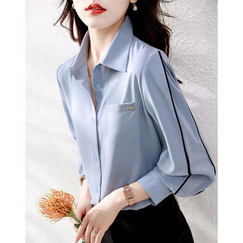 Mode Revers Knop Gesplitst Zakken Alle-Match Shirt Vrouwen Kleding 2022 Herfst Nieuwe Losse Casual Tops Office Lady Blouse