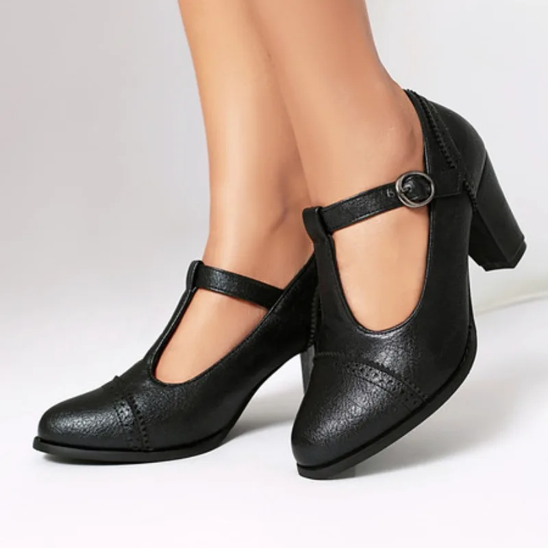 

2025 High-heeled Shoes Women Pumps Buckle Thick Heels with T-strap Ladies High Heels Platform Mary Janes Women Pumps Footwear