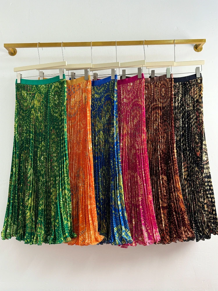 

Women Boho Print Pleated Midi Skirt High Waist Elastic Flowy A-Line Skirt Casual Daily Holiday Outfits