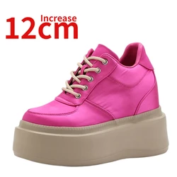 Invisible Height Increasing Shoes for Women Increase 14cm Summer Breathable Silk Cloth Rose Red Casual Thick Soled Elevator Shoe