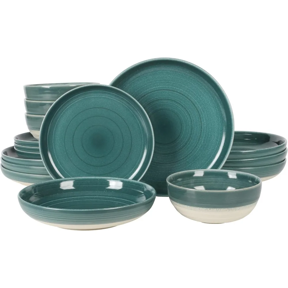 

Gibson Elite Clarina, 16 предметов, двойная чаша, керамическая посуда, круглые тарелки и миски с реактивной глазурью, набор столовой посуды бирюзового цвета