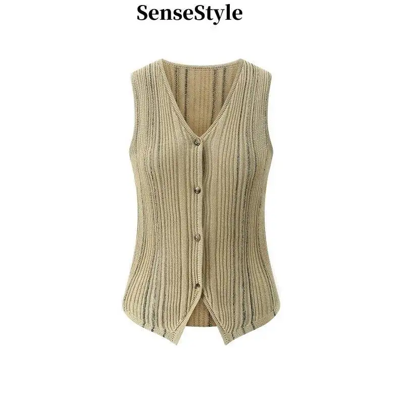 

Summer V-neck Sleeveless Knit Cardigan Women Linen Lyocell Single Breasted Silm Tank Tops