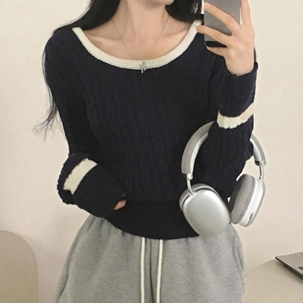 Chique outono inverno loween cor blo listra u-ne longo sve fino ajuste cintura cinched camisola de malha para mulher