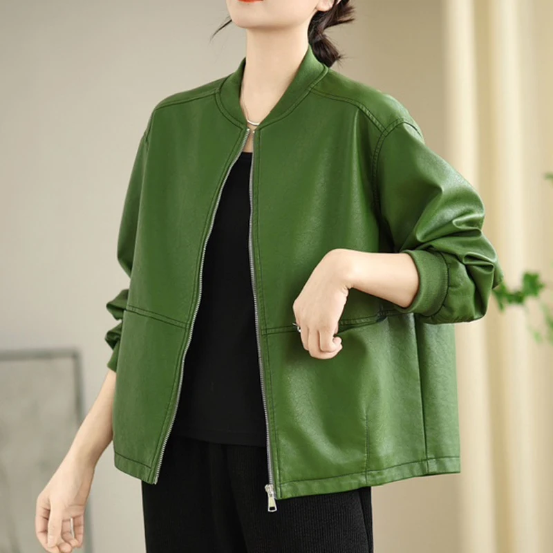 Masss Wasss 韓国秋女性ルーズレジャーヴィンテージフェイクレザージャケットレディースクラシック V ネックウインドブレーカーファッション PU コート