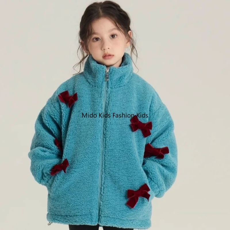 Girls' lamb fleece coat  winter, new autumn winter fleece warm bow top, thickened cotton-padded jacket for children 100-150cm