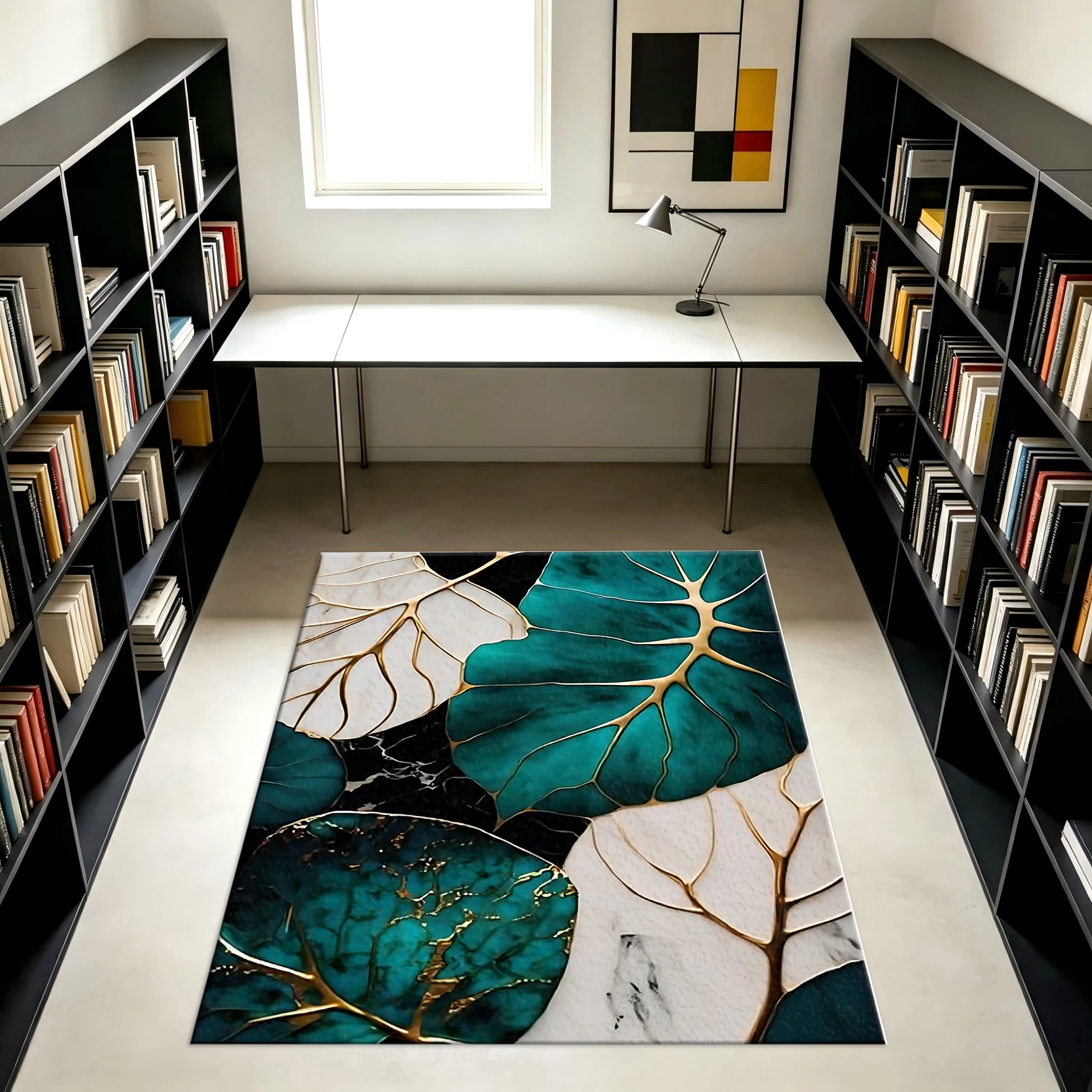 Luxury Teal Leaf Marble Gold Vein Carpet Flooring, Artistic Decorative Rug for House Interior