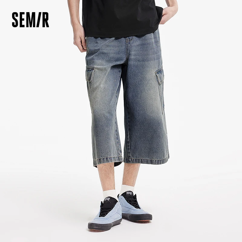 Semir Vintage Washed Cargo Denim Pants Men Distressed 2025 Summer New Loose Straight Leg Trousers