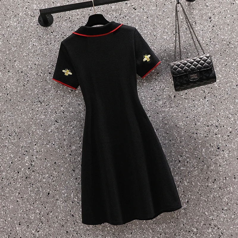 Embroidery Summer Kintted Elegant Vintage Black Dress Short Sleeve Party Knee Dresses Women Fashion Ladies 2022 Clothing Female