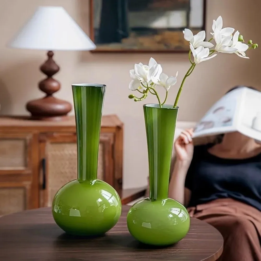 

Olive Green French Vintage Vase Glass Swan Neck Hydroponic Vase Unique Luxury Dried Flower Vase Wedding Centerpiece