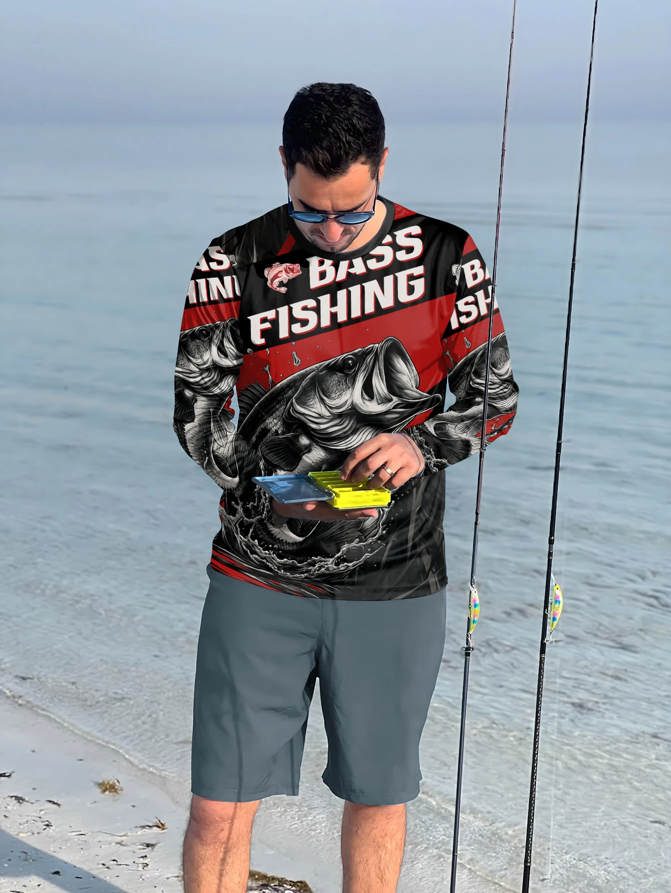 Angler Realistic Bass Fish Print Long Sleeve Shirt Family Matching Outdoor Lake River Water Fishing Casual Sports Tee Top